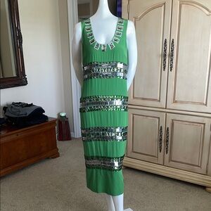 Tory Burch Vintage SIlk Embellished Scoop Neck & Striped Sheath Midi Dress 6NWOT